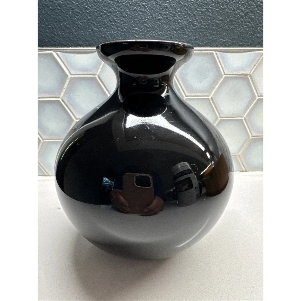 Haegar Vase Vintage 90s Solid Black Gloss Glaze Original Sticker Halloween Decor